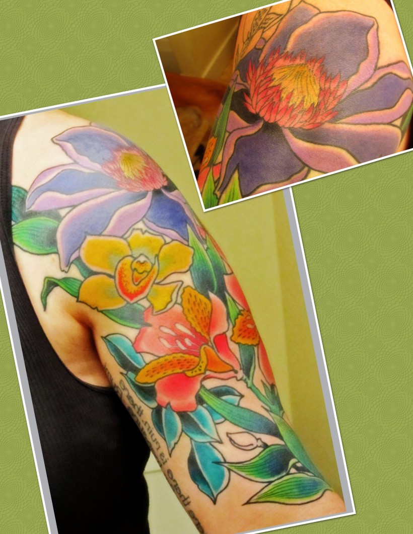 Got this sleeve for Paul.  Each type of flower represents something about him.  The purple Clematis is ingenuity  and art. 